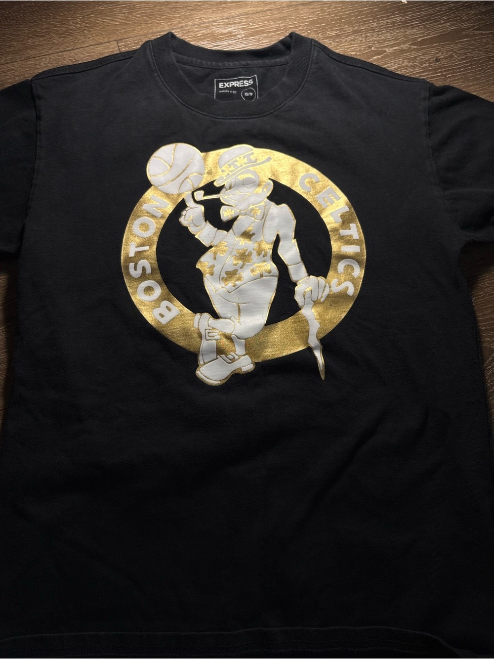 Express Black Short-Sleeve Tee with Gold & White Sports Graphic